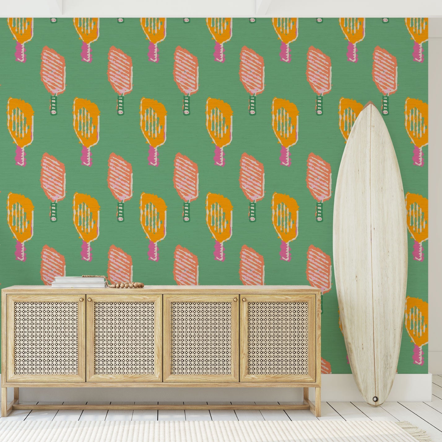 Grasscloth wallpaper Natural Textured Eco-Friendly Non-toxic High-quality Sustainable Interior Design Bold Custom Tailor-made Retro chic Bold tropical sport pickleball kids gameroom kid green pink orange tangerine