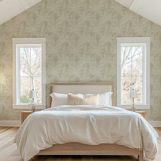 Grasscloth wallpaper Natural Textured Eco-Friendly Non-toxic High-quality Sustainable Interior Design Bold Custom Tailor-made Retro chic Tropical Jungle Coastal Garden Seaside Coastal Seashore Waterfront Vacation home styling Retreat Relaxed beach vibes Beach cottage Shoreline Oceanfront nature palm tree palms tonal cream sand off-white tan beige taupe