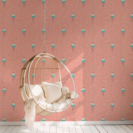 wallpaper Natural Textured Eco-Friendly Non-toxic High-quality Sustainable Interior Design Bold Custom Tailor-made Retro chic restaurant food sundae ice cream pink sprinkles kids playroom restaurant paper weave paperweave basketweave basket weave