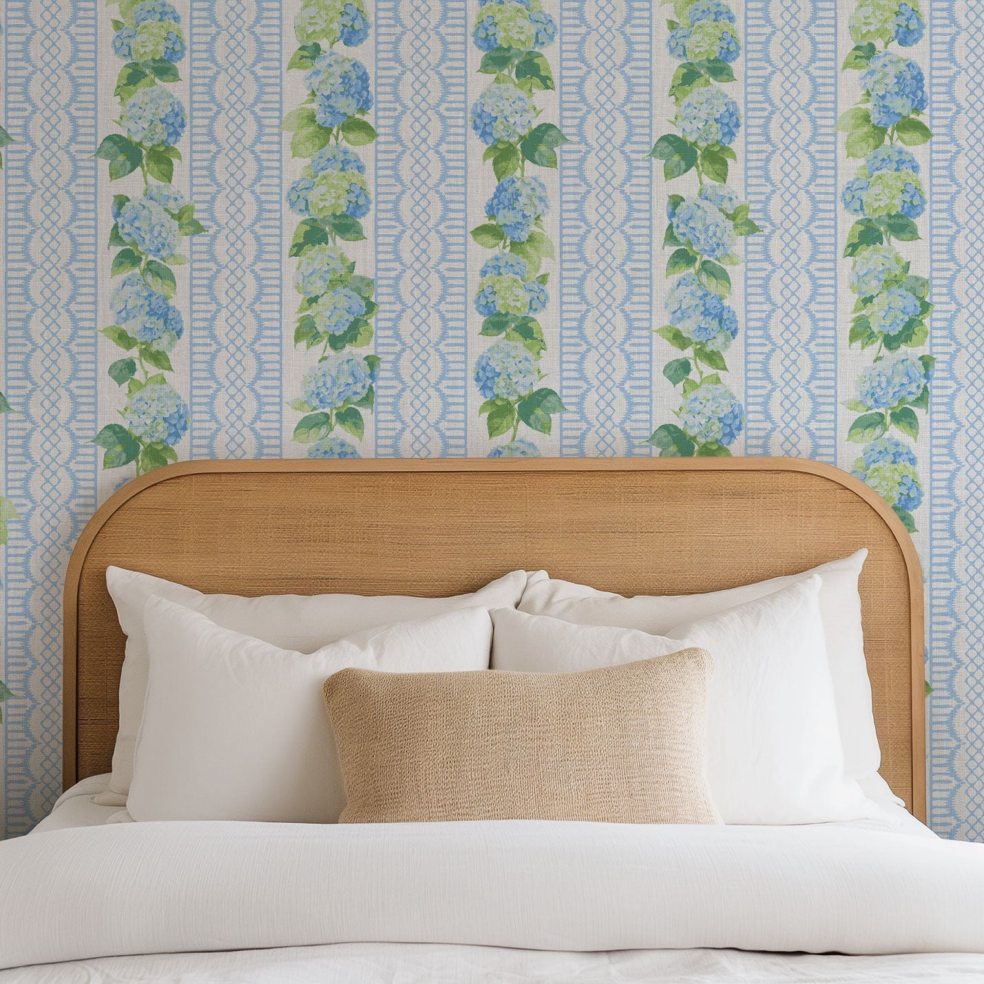 Coastal Garden Seaside Seashore Waterfront Retreat Relaxed beach vibes Beach cottage Shoreline Oceanfront Nautical Cabana preppy vertical stripe ribbon lace floral flowers botanical hydrangea french blue periwinkle leaves garden girl nursery feminine cottage traditional linen high-end luxury designer