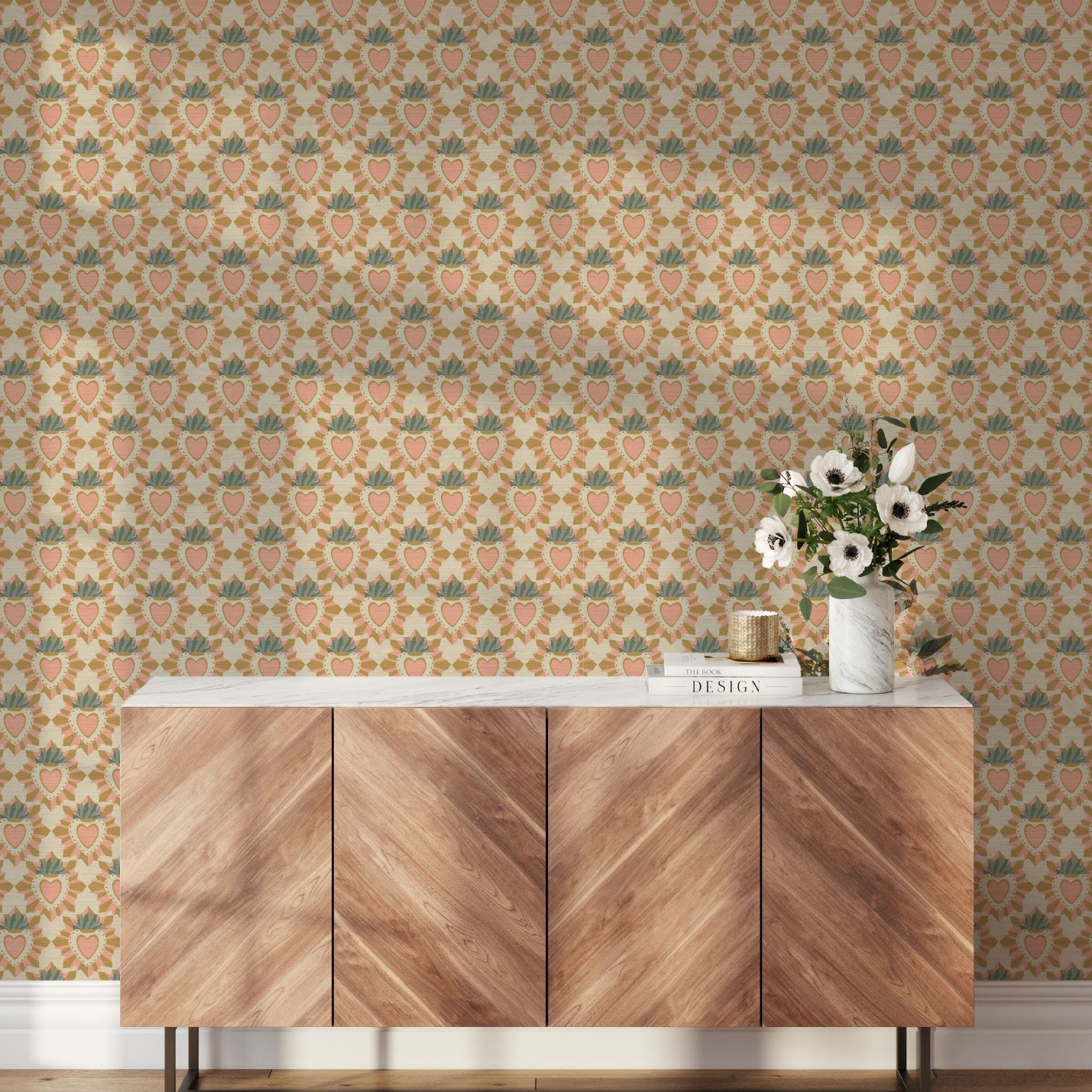 June St. George pink and gold sacred burning heart on beige tan wallpaper wall covering grasscloth grass cloth paper weave textured custom luxury natural woman artist women contemporary modern interior design bold tailor made Eco-Friendly
Non-toxic
High-quality
Sustainable
Retro chic
Grand millennial
Maximalism
Traditional
Dopamine decor
girly