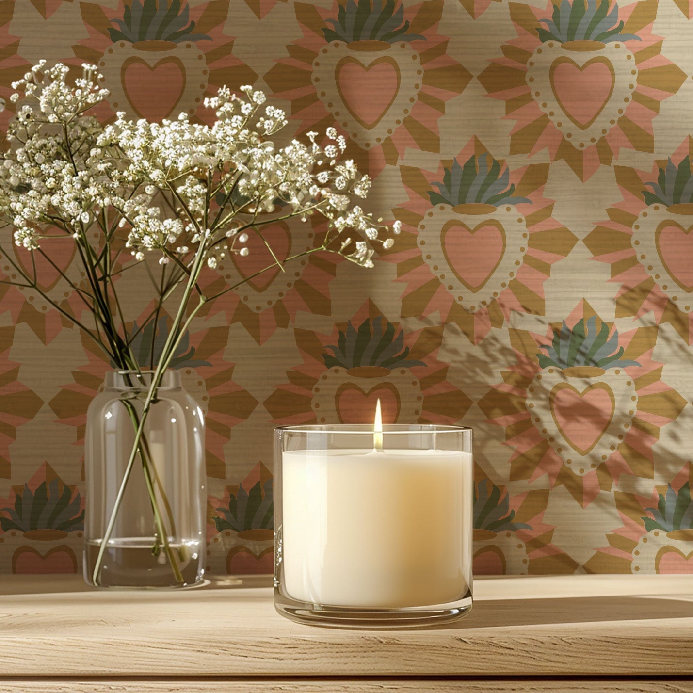 June St. George pink and gold sacred burning heart on beige tan wallpaper wall covering grasscloth grass cloth paper weave textured custom luxury natural woman artist women contemporary modern interior design bold tailor made Eco-Friendly
Non-toxic
High-quality
Sustainable
Retro chic
Grand millennial
Maximalism
Traditional
Dopamine decor
girly