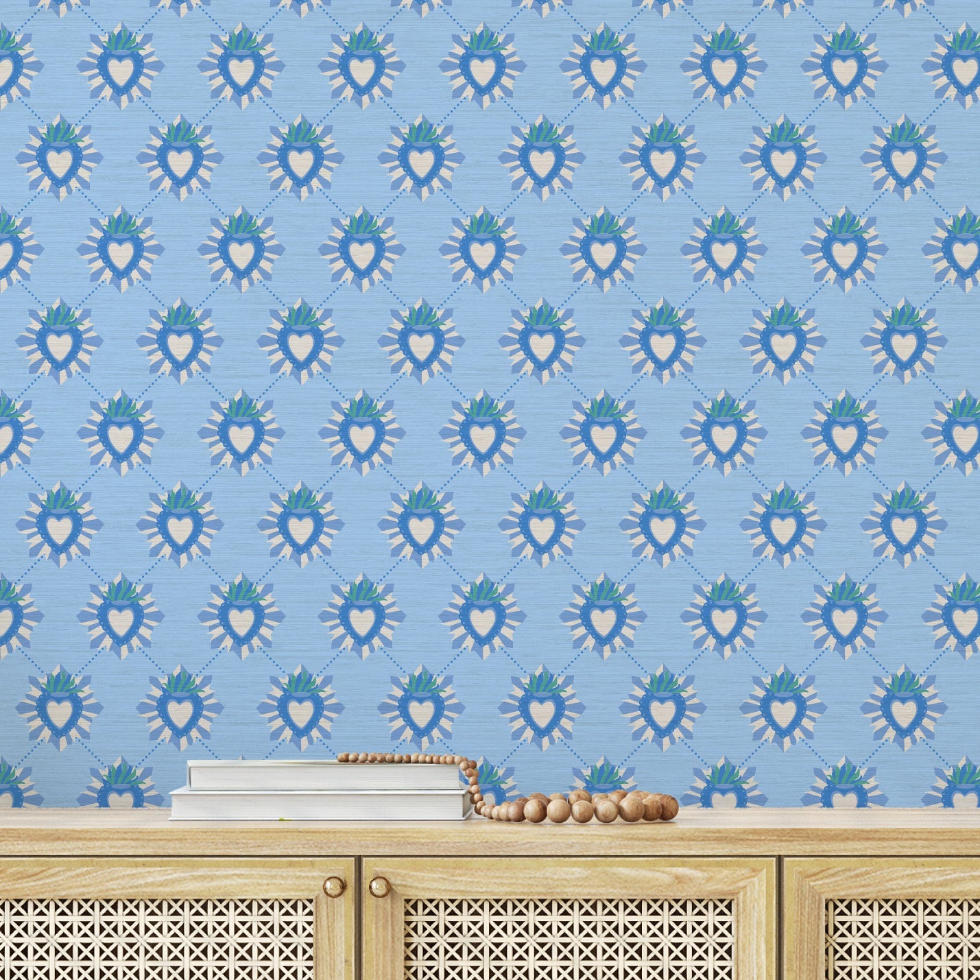 June St. George blue and white sacred burning heart on blue wallpaper wall covering grasscloth grass cloth paper weave textured custom luxury natural woman artist women contemporary modern interior design bold tailor made Eco-Friendly
Non-toxic
High-quality
Sustainable
Retro chic
Grand millennial
Maximalism
Traditional
Dopamine decor
girly