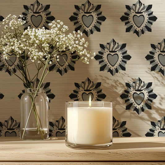 June St. George blue and white sacred burning heart wallpaper wall covering grasscloth grass cloth paper weave textured custom luxury natural woman artist women contemporary modern interior design bold tailor made Eco-Friendly
Non-toxic
High-quality
Sustainable
Retro chic
Grand millennial
Maximalism
Traditional
Dopamine decor
girly