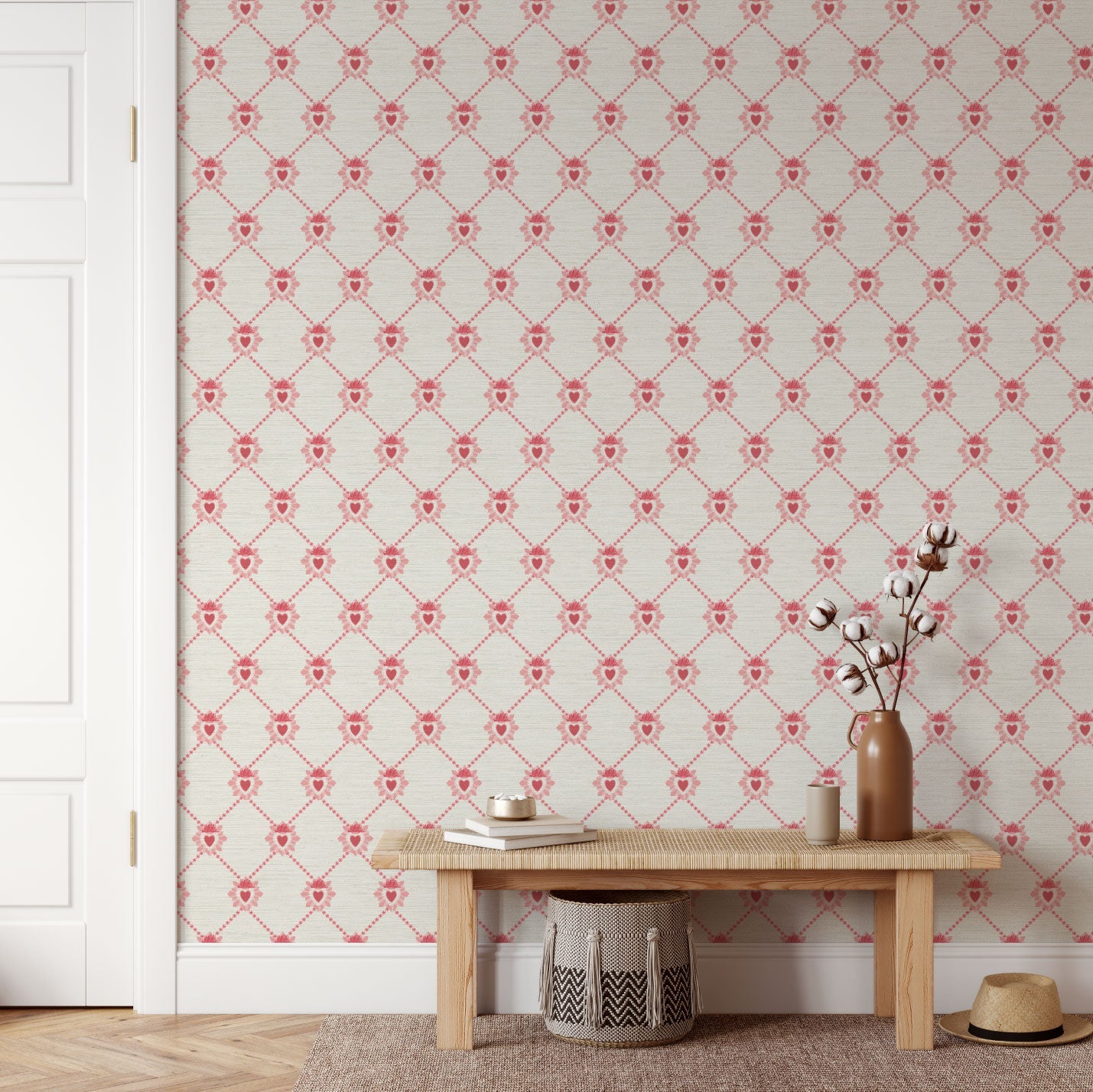 June St. George red and pink sacred burning hearts on white wallpaper wall covering grasscloth grass cloth paper weave textured custom luxury natural woman artist women contemporary modern interior design bold tailor made Eco-Friendly
Non-toxic
High-quality
Sustainable
Retro chic
Grand millennial
Maximalism
Traditional
Dopamine decor
girly