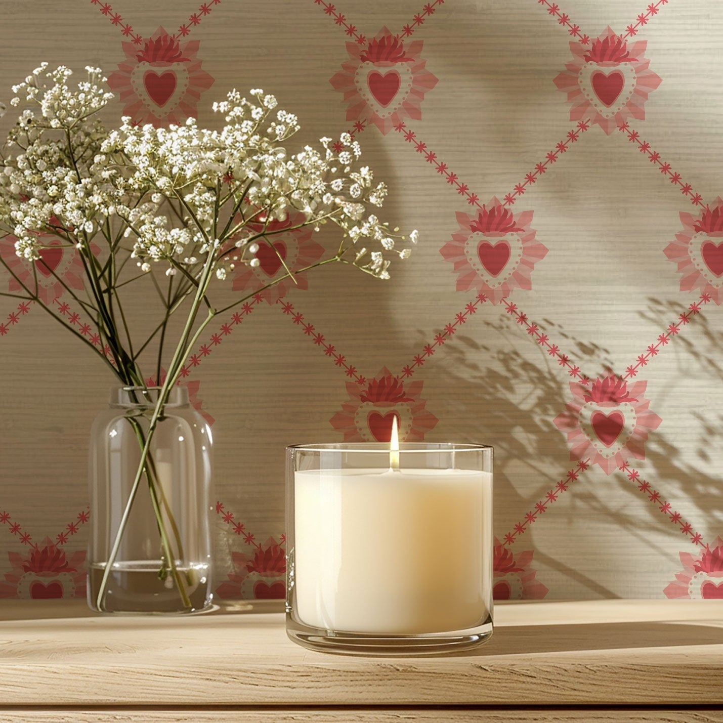 June St. George red and pink sacred burning hearts on white wallpaper wall covering grasscloth grass cloth paper weave textured custom luxury natural woman artist women contemporary modern interior design bold tailor made Eco-Friendly
Non-toxic
High-quality
Sustainable
Retro chic
Grand millennial
Maximalism
Traditional
Dopamine decor
girly