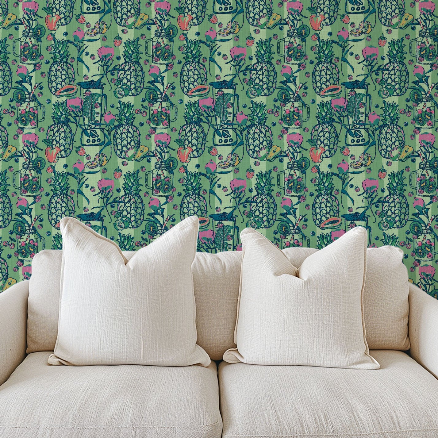 wallpaper with tonal bright green vertical stripes with blenders, smoothie mason jars and a variety of fruits: berries, kiwis, pineapplies paired with leafy greens for this smoothie inspired print. natural, eco-friendly, textured wallcovering non-toxic wide stripe sustainable smoothie restaurant, juice retro Tropical Jungle Coastal Garden preppy paper weave paperweave basketweave smoothie juice restaurant