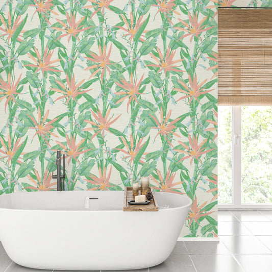 Grasscloth wallpaper Natural Textured Eco-Friendly Non-toxic High-quality Sustainable Interior Design Bold Custom Tailor-made Retro chic Tropical Jungle Coastal Garden Seaside Seashore Waterfront Vacation home styling Retreat Relaxed beach vibes botanical flower floral stripe birds of paradise flowers pastel off white cream beige leafy green pale pink orange yellow coral peach