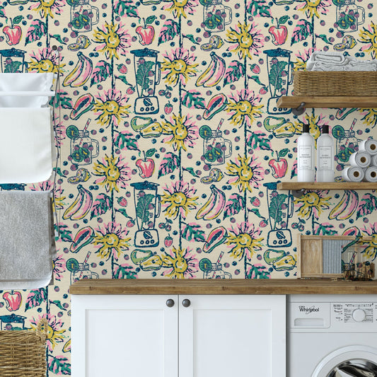 off white base printed grasscloth wallpaper featuring smiling sunflowers arranged in linear stripes running vertically down this oversized print. Scattered between them includes a blender and mason jar filled with smoothie inspired ingredients including: lemons, bananas, berries, apples, pears and leafy greens and bright multi colors. Natural textured eco-friendly food sunflower fruit strawberry breakfast brunch restaurant smoothie Non-toxic High-quality Sustainable practices