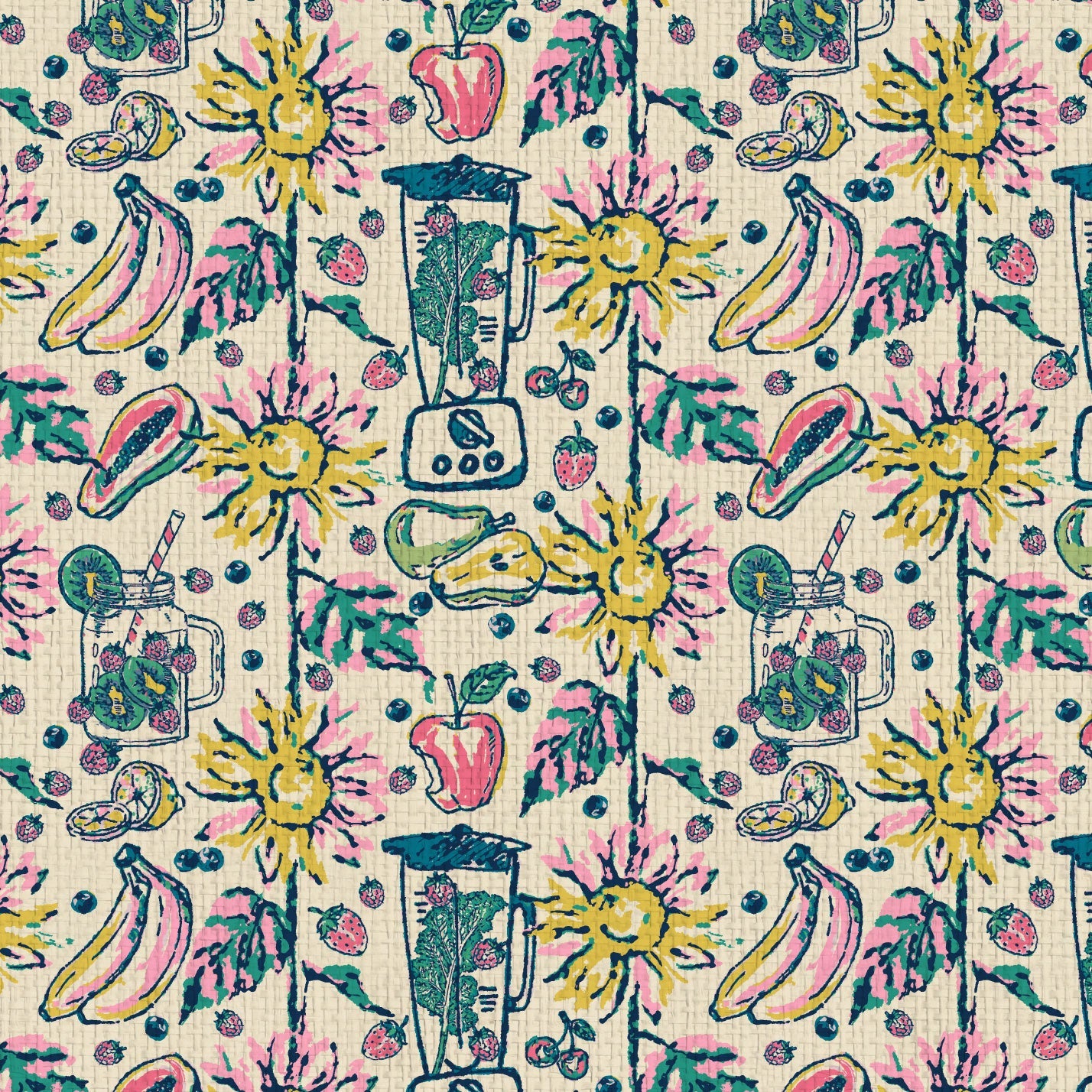 off white base printed grasscloth wallpaper featuring smiling sunflowers arranged in linear stripes running vertically down this oversized print. Scattered between them includes a blender and mason jar filled with smoothie inspired ingredients including: lemons, bananas, berries, apples, pears and leafy greens and bright multi colors. Natural textured eco-friendly food sunflower fruit strawberry breakfast brunch restaurant smoothie Non-toxic High-quality Sustainable practices paper weave paperweave basket