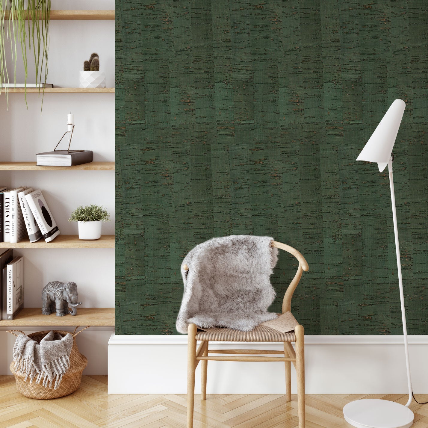 wallpaper Natural Textured Eco-Friendly Non-toxic High-quality Sustainable Interior Design Bold Custom Tailor-made Retro chic cork Rustic Cabin cottage Luxury Contemporary Bespoke nature inspired gold metallic shimmer shinny lux green emerald hunter living room office