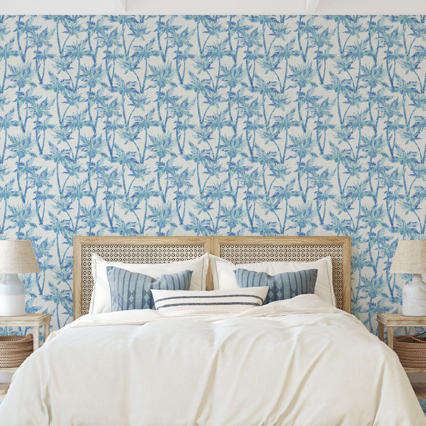 wallpaper Natural Textured Eco-Friendly Non-toxic High-quality Sustainable Interior Design Bold Custom Tailor-made Retro chic Tropical Jungle Coastal Garden Seaside Coastal Seashore Waterfront Vacation home styling Retreat Relaxed beach vibes Beach cottage Shoreline Oceanfront nature palm tree palms tonal cream sand off-white ocean sky surf blue teal linen