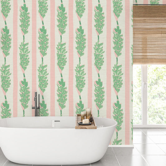 Grasscloth wallpaper Natural Textured Eco-Friendly Non-toxic High-quality Sustainable Interior Design Bold Custom Tropical Jungle Coastal Garden Seaside Seashore Waterfront Vacation home styling Retreat Relaxed beach vibes Beach cottage Shoreline Oceanfront Nautical Cabana preppy vertical stripe botanical flower floral pink green white kids girl