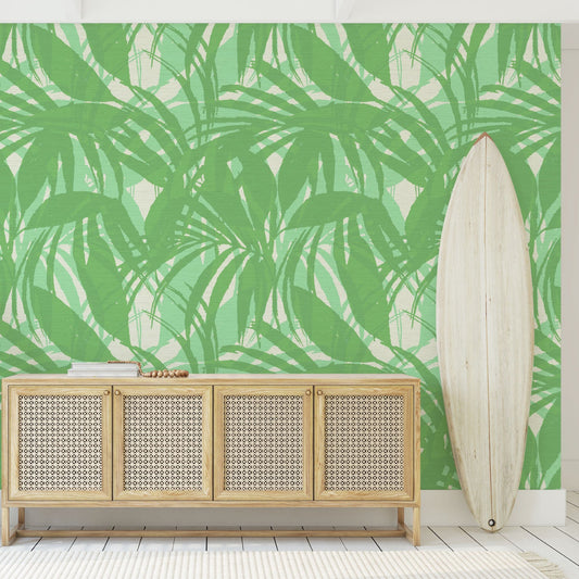 printed grasscloth wallpaper oversize tropical leaf Natural Textured Eco-Friendly Non-toxic High-quality Sustainable practices Sustainability Interior Design Wall covering Bold retro chic custom jungle garden botanical Seaside Coastal Seashore Waterfront Vacation home styling Retreat Relaxed beach vibes Beach cottage Shoreline Oceanfront white kelly paradise green palm