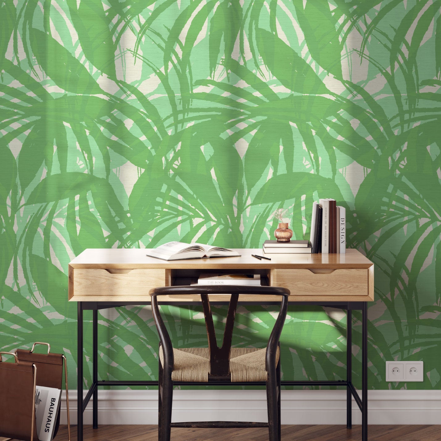 printed grasscloth wallpaper oversize tropical leaf Natural Textured Eco-Friendly Non-toxic High-quality Sustainable practices Sustainability Interior Design Wall covering Bold retro chic custom jungle garden botanical Seaside Coastal Seashore Waterfront Vacation home styling Retreat Relaxed beach vibes Beach cottage Shoreline Oceanfront white kelly paradise green palm