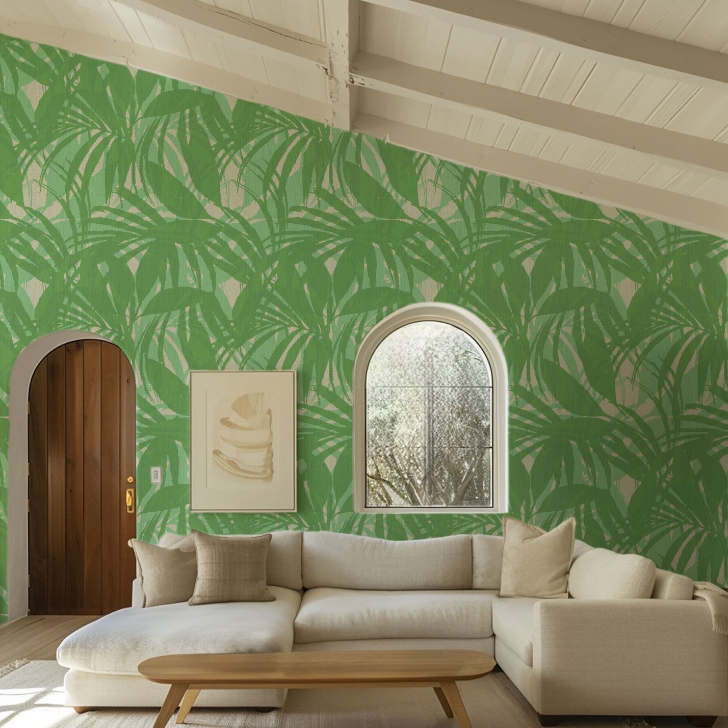 wallpaper oversize tropical leaf Natural Textured Eco-Friendly Non-toxic High-quality Sustainable practices Sustainability Interior Design Wall covering Bold retro chic custom jungle garden botanical Seaside Coastal Seashore Waterfront Vacation home styling Retreat Relaxed beach vibes Beach cottage Shoreline Oceanfront white kelly paradise green palm living room surf shack paper weave paperweave basketweave basket weave