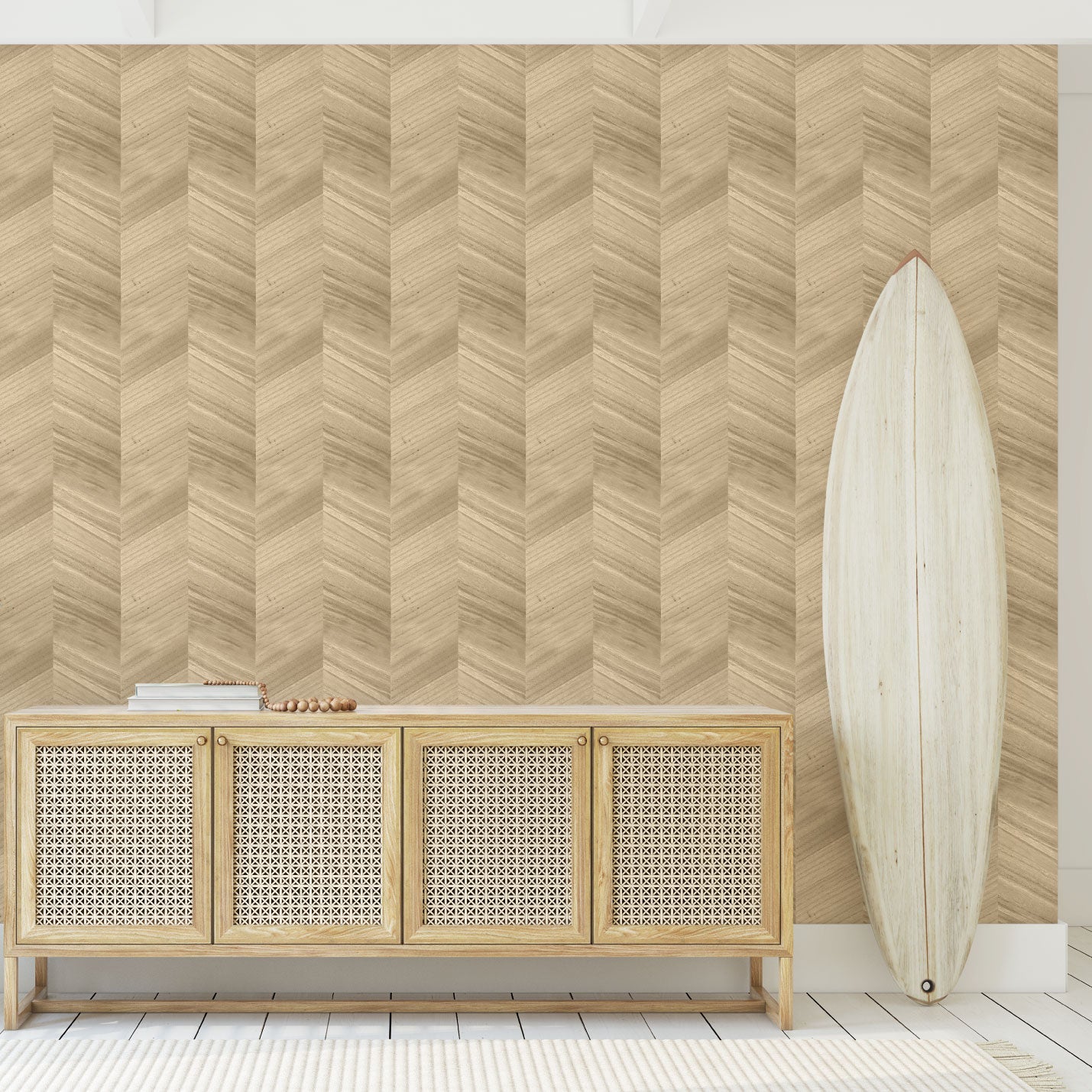 wallpaper Natural Textured Eco-Friendly Non-toxic High-quality Sustainable Interior Design Bold Custom Tailor-made Retro chic Vacation home styling Retreat Relaxed beach vibes Beach cottage Shoreline Oceanfront Nautical Rustic Cabin cottage Luxury Contemporary Bespoke wood grain veneer chevron stripe light brown blonde brown veneer