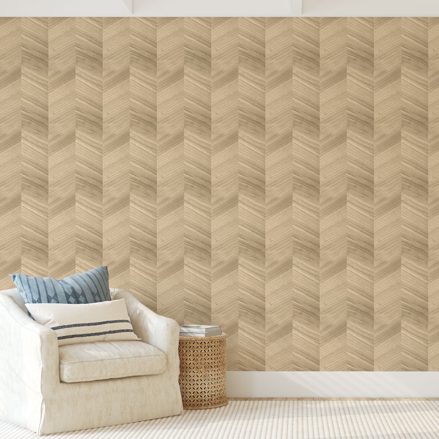 wallpaper Natural Textured Eco-Friendly Non-toxic High-quality Sustainable Interior Design Bold Custom Tailor-made Retro chic Vacation home styling Retreat Relaxed beach vibes Beach cottage Shoreline Oceanfront Nautical Rustic Cabin cottage Luxury Contemporary Bespoke wood grain veneer chevron stripe light brown blonde brown veneer