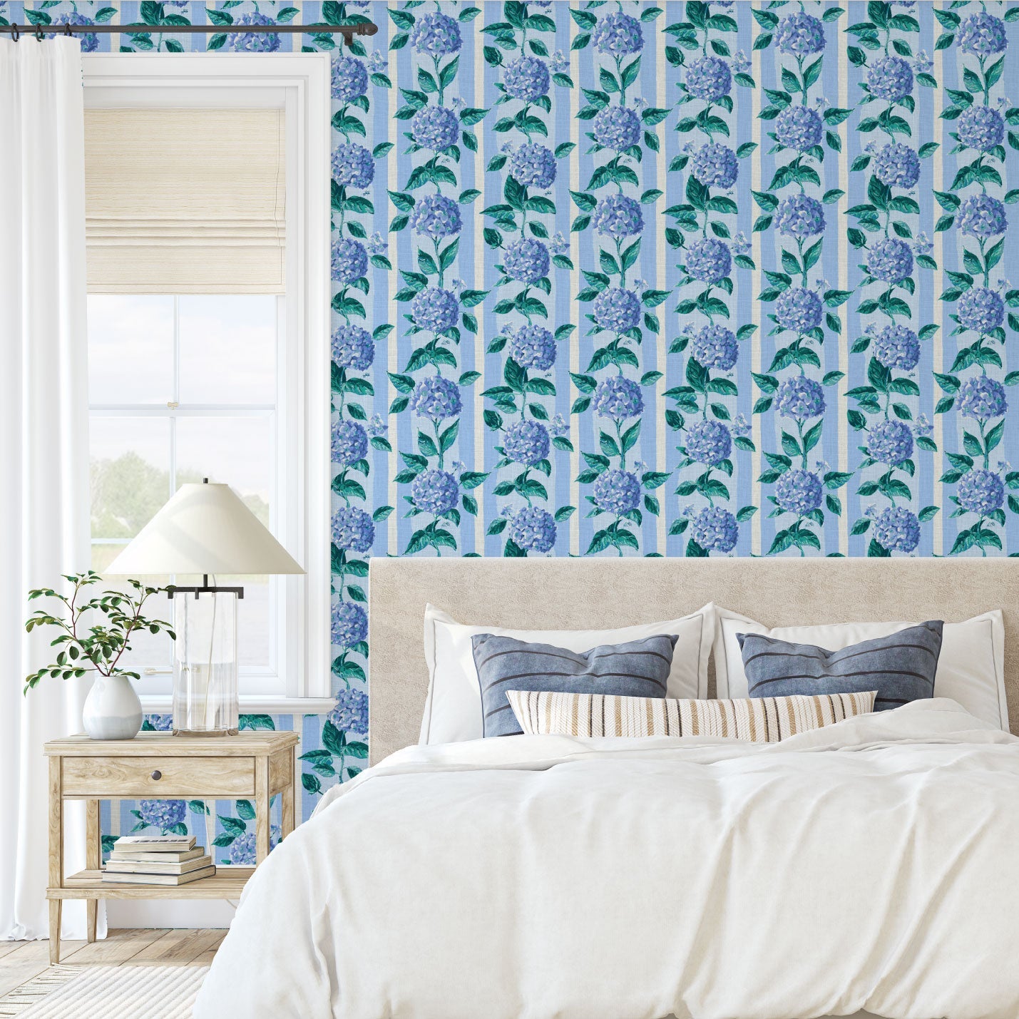 Coastal Garden Seaside Seashore Waterfront Retreat Relaxed beach vibes Beach cottage Shoreline Oceanfront Nautical Cabana preppy vertical stripe ribbon lace floral flowers botanical hydrangea french blue periwinkle leaves garden girl nursery feminine cottage traditional wallpaper linen high-end luxury designer