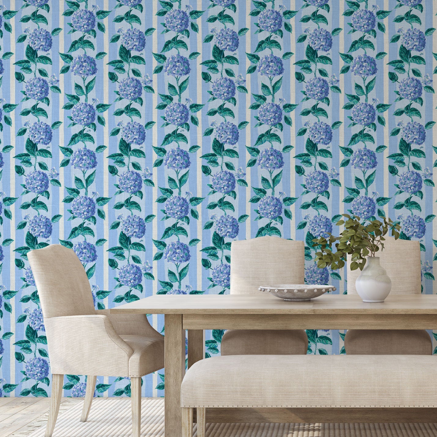 Coastal Garden Seaside Seashore Waterfront Retreat Relaxed beach vibes Beach cottage Shoreline Oceanfront Nautical Cabana preppy vertical stripe ribbon lace floral flowers botanical hydrangea french blue periwinkle leaves garden girl nursery feminine cottage traditional wallpaper linen high-end luxury designer