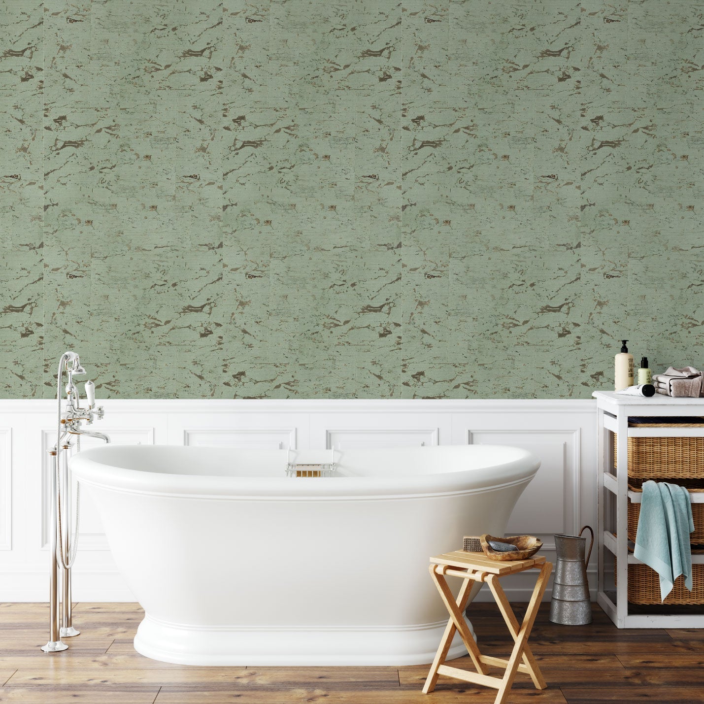 Natural Textured Eco-Friendly Non-toxic High-quality Sustainable practices Sustainability Interior Design Wall covering Bold Wallpaper Custom Tailor-made Retro chic cork nature luxury metallic shiny wood timeless coastal vacation interior design grain high-end moss green silver earthtone painted metallic bathroom