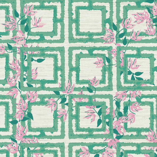 wallpaper Natural Textured Eco-Friendly Non-toxic High-quality  Sustainable Interior Design Bold Custom Tailor-made Retro chic Grand millennial Maximalism  Traditional Dopamine decor garden flower geometric retro green pink girl kids preppy cabana