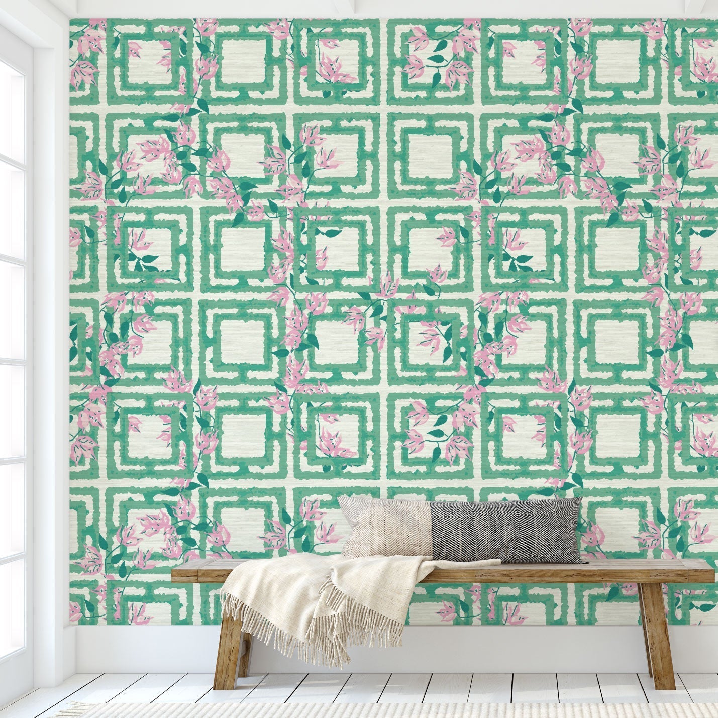 wallpaper Natural Textured Eco-Friendly Non-toxic High-quality  Sustainable Interior Design Bold Custom Tailor-made Retro chic Grand millennial Maximalism  Traditional Dopamine decor garden flower geometric retro green pink girl kids preppy cabana
