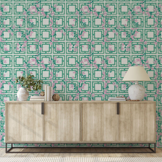 wallpaper Natural Textured Eco-Friendly Non-toxic High-quality  Sustainable Interior Design Bold Custom Tailor-made Retro chic Grand millennial Maximalism  Traditional Dopamine decor garden flower geometric retro green pink girl kids preppy cabana linen