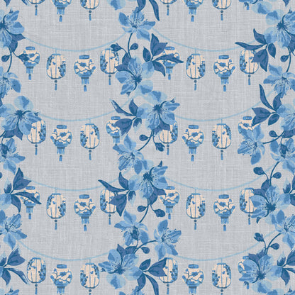 Natural Textured Eco-Friendly Non-toxic High-quality Sustainable practices Sustainability Wall covering Wallpaper french blue shades of blue lantern Chinoiserie asian inspiration floral stripe grasscloth printed paper interior design garden vertical chintz chinese textured wallpaper botanical garden flower florals tropical classic bespoke coastal bold nature inspired linen