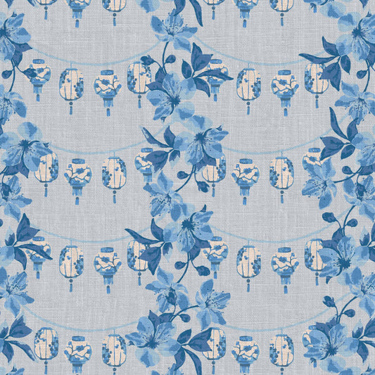 Natural Textured Eco-Friendly Non-toxic High-quality Sustainable practices Sustainability Wall covering Wallpaper french blue shades of blue lantern Chinoiserie asian inspiration floral stripe grasscloth printed paper interior design garden vertical chintz chinese textured wallpaper botanical garden flower florals tropical classic bespoke coastal bold nature inspired linen