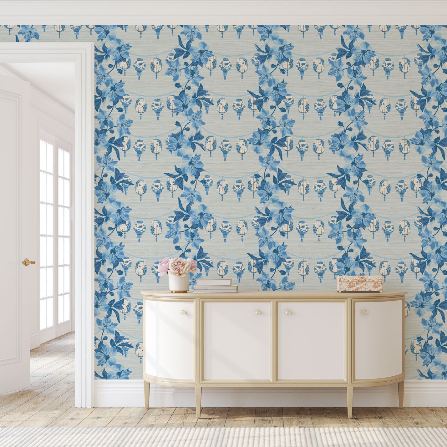 Natural Textured Eco-Friendly Non-toxic High-quality  Sustainable practices Sustainability Wall covering Wallcovering Wallpaper french blue shades of blue lantern Chinoiserie asian inspiration floral stripe grasscloth printed paper interior design garden vertical chintz chinese textured wallpaper  botanical garden flower florals tropical classic bespoke coastal bold nature inspired grasscloth entrance foyer