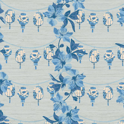 grasscloth grass cloth wallpaper wall covering paperweave paper weave luxury custom tailor made french blue navy blue floral stripes chintz chinoiserie  Chinese lanterns Asian inspired grand millennial 