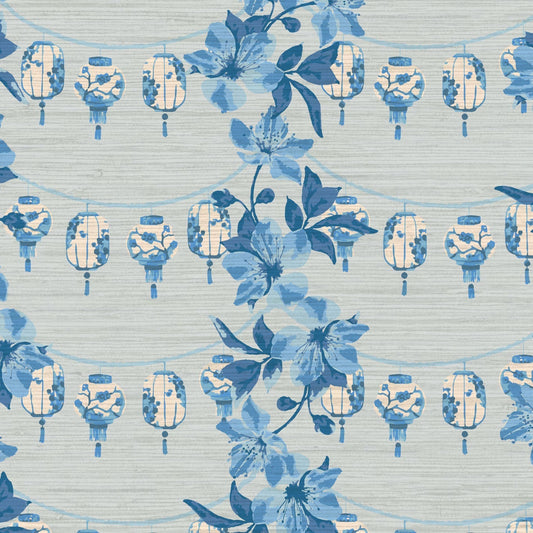 grasscloth grass cloth wallpaper wall covering paperweave paper weave luxury custom tailor made french blue navy blue floral stripes chintz chinoiserie  Chinese lanterns Asian inspired grand millennial 