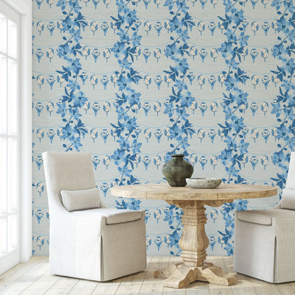 grasscloth grass cloth wallpaper wall covering paperweave paper weave luxury custom tailor made french blue navy blue floral stripes chintz chinoiserie  Chinese lanterns Asian inspired grand millennial 