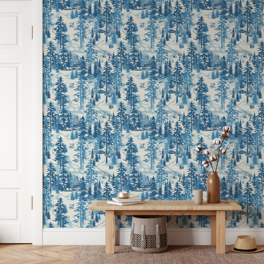 Aprés All Day Winter Ski Chalet Toile Wallpaper