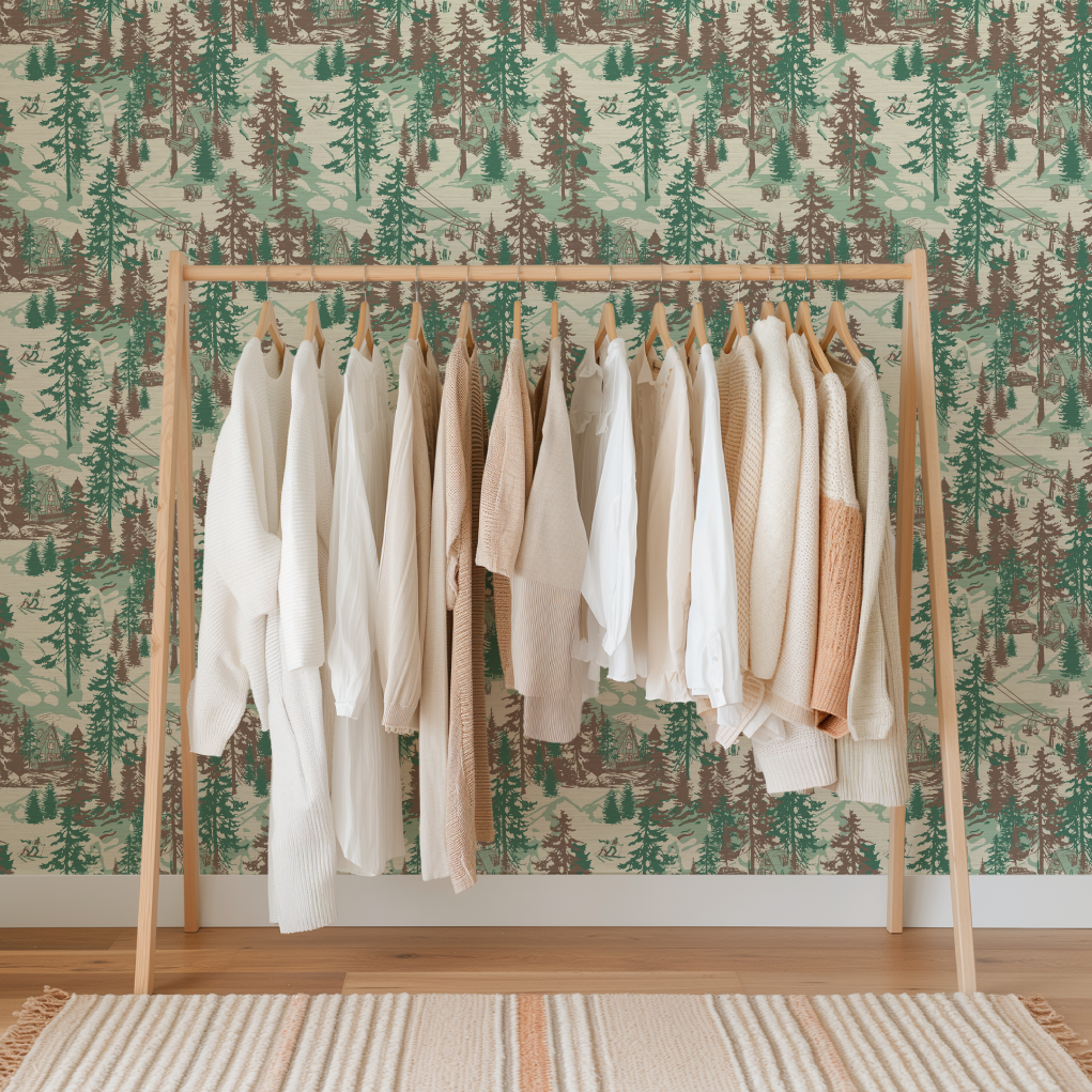 Aprés All Day Winter Ski Chalet Toile Wallpaper