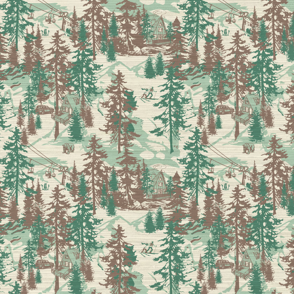 Aprés All Day Winter Ski Chalet Toile Wallpaper