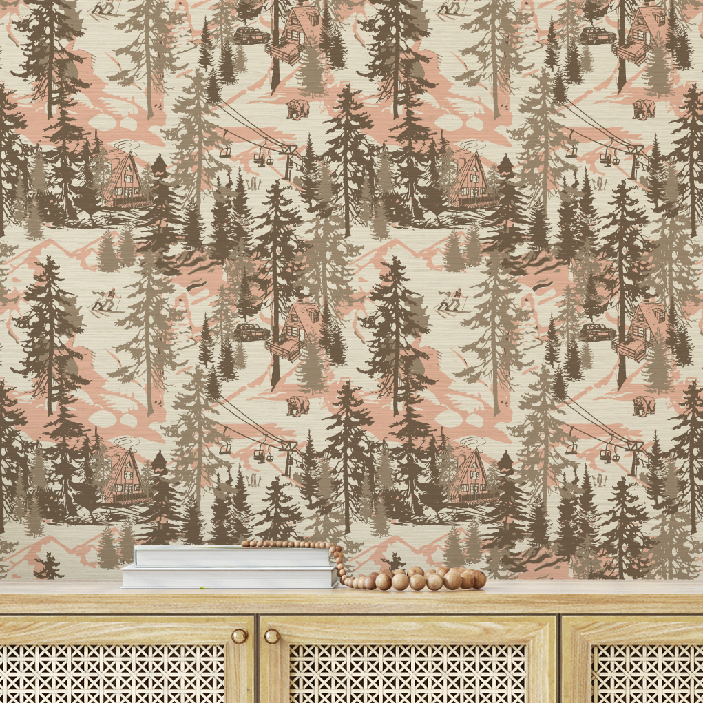 Aprés All Day Winter Ski Chalet Toile Wallpaper