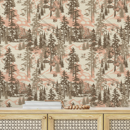 Aprés All Day Winter Ski Chalet Toile Wallpaper