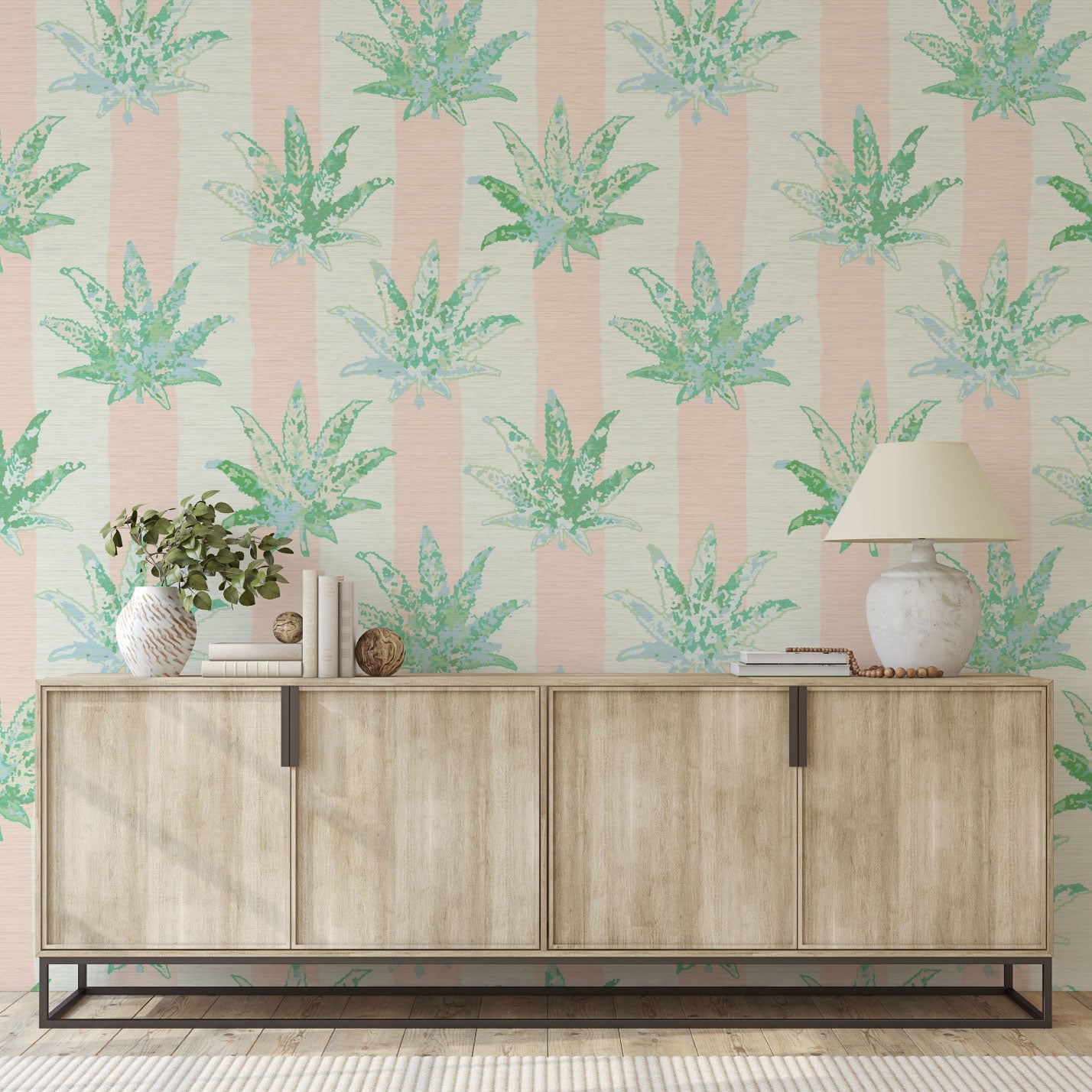 printed textured natural grasscloth wallpaper wall covering eco-friendly sustainable wide vertical stripes painted pink light pink baby pink weed marijuana high-quality tailor-made custom designed interior design bold vacation seaside coastal waterfront retreat relaxed beach cottage