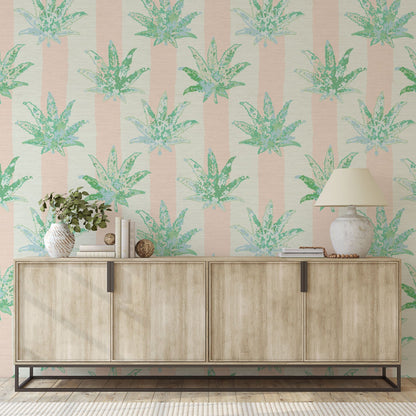 printed textured natural grasscloth wallpaper wall covering eco-friendly sustainable wide vertical stripes painted pink light pink baby pink weed marijuana high-quality tailor-made custom designed interior design bold vacation seaside coastal waterfront retreat relaxed beach cottage