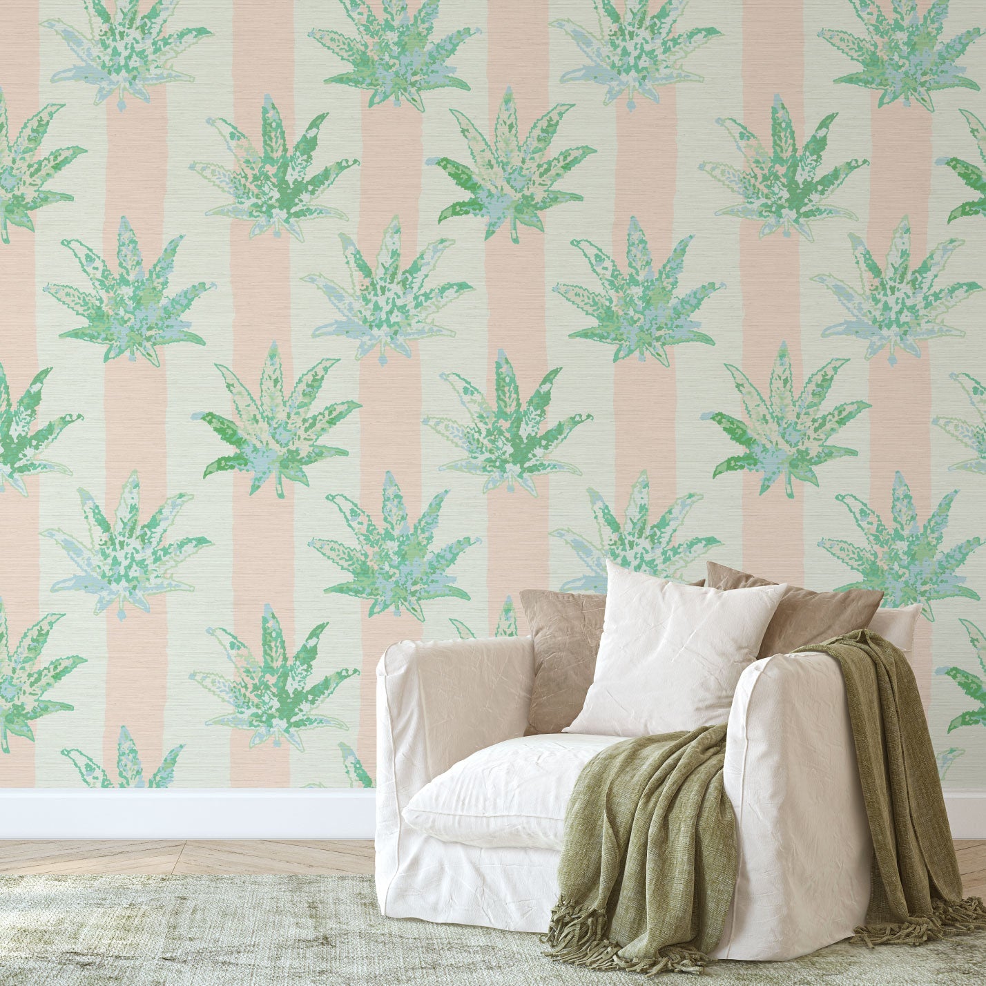 printed textured natural grasscloth wallpaper wall covering eco-friendly sustainable wide vertical stripes painted pink light pink baby pink weed marijuana high-quality tailor-made custom designed interior design bold vacation seaside coastal waterfront retreat relaxed beach cottage