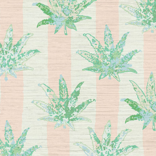 printed textured natural grasscloth wallpaper wall covering eco-friendly sustainable wide vertical stripes painted pink light pink baby pink weed marijuana high-quality tailor-made custom designed interior design bold vacation seaside coastal waterfront retreat relaxed beach cottage