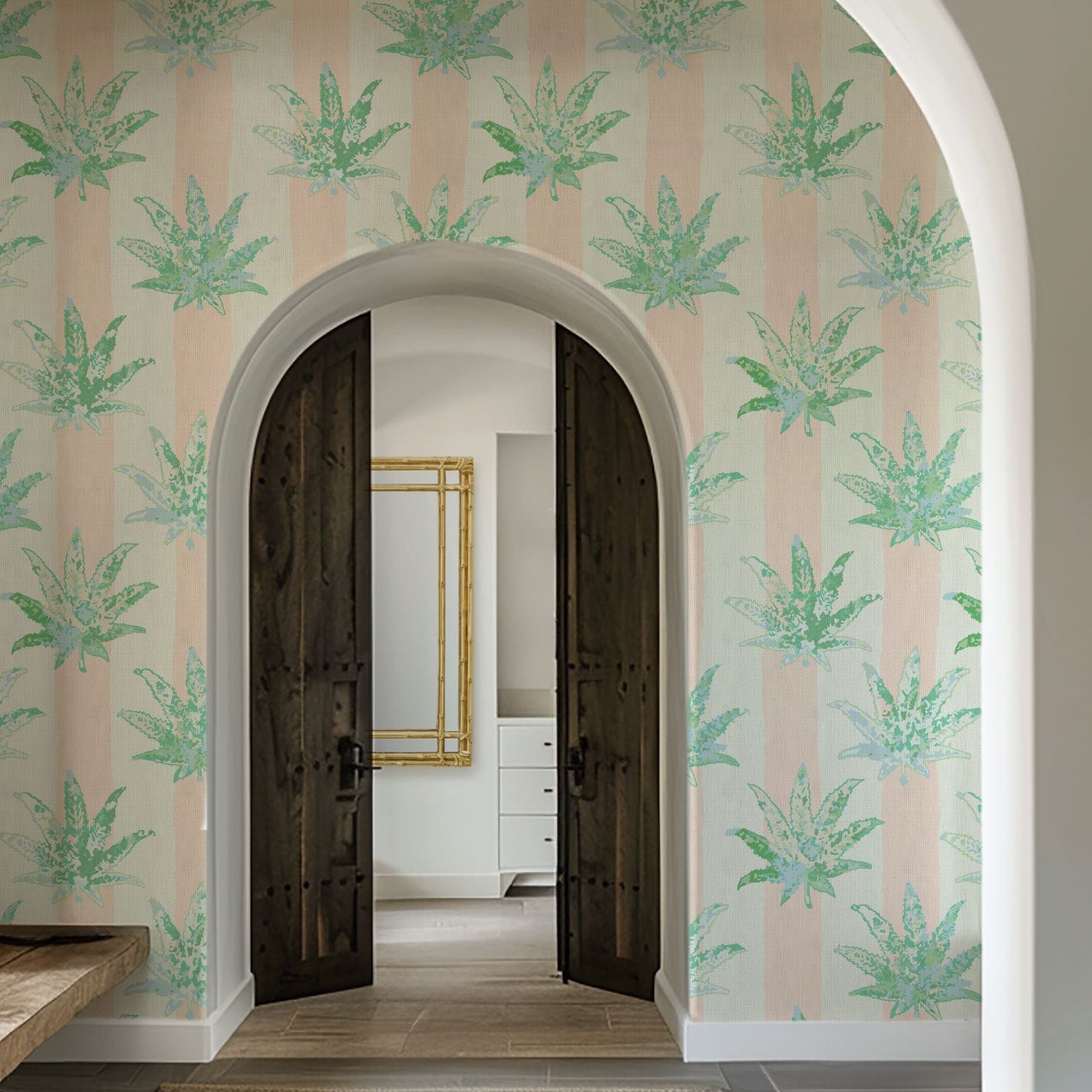 printed textured natural grasscloth wallpaper wall covering eco-friendly sustainable wide vertical stripes painted pink light pink baby pink weed marijuana high-quality tailor-made custom designed interior design bold vacation seaside coastal waterfront retreat relaxed beach cottage paperweave paper weave