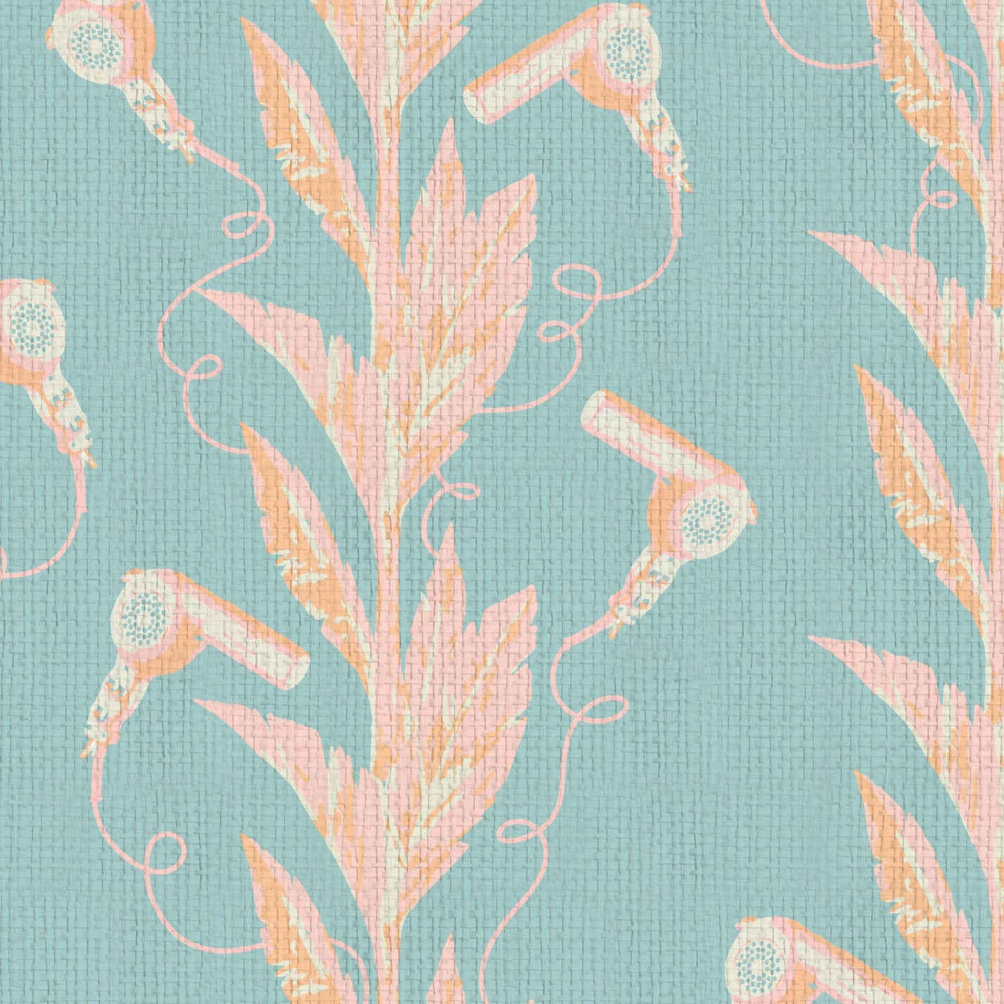 light blue based printed paperweave wallpaper with light pink and orange palm leaf vertical stripes paired with hair blow dryers popping out of them paperweave Natural Textured Eco-Friendly Non-toxic High-quality  Sustainable practices Sustainability Interior Design Wall covering Bold Wallpaper Custom Tailor-made Retro chic Tropical Salon  Beauty Hair Garden jungle paperweave paper weave