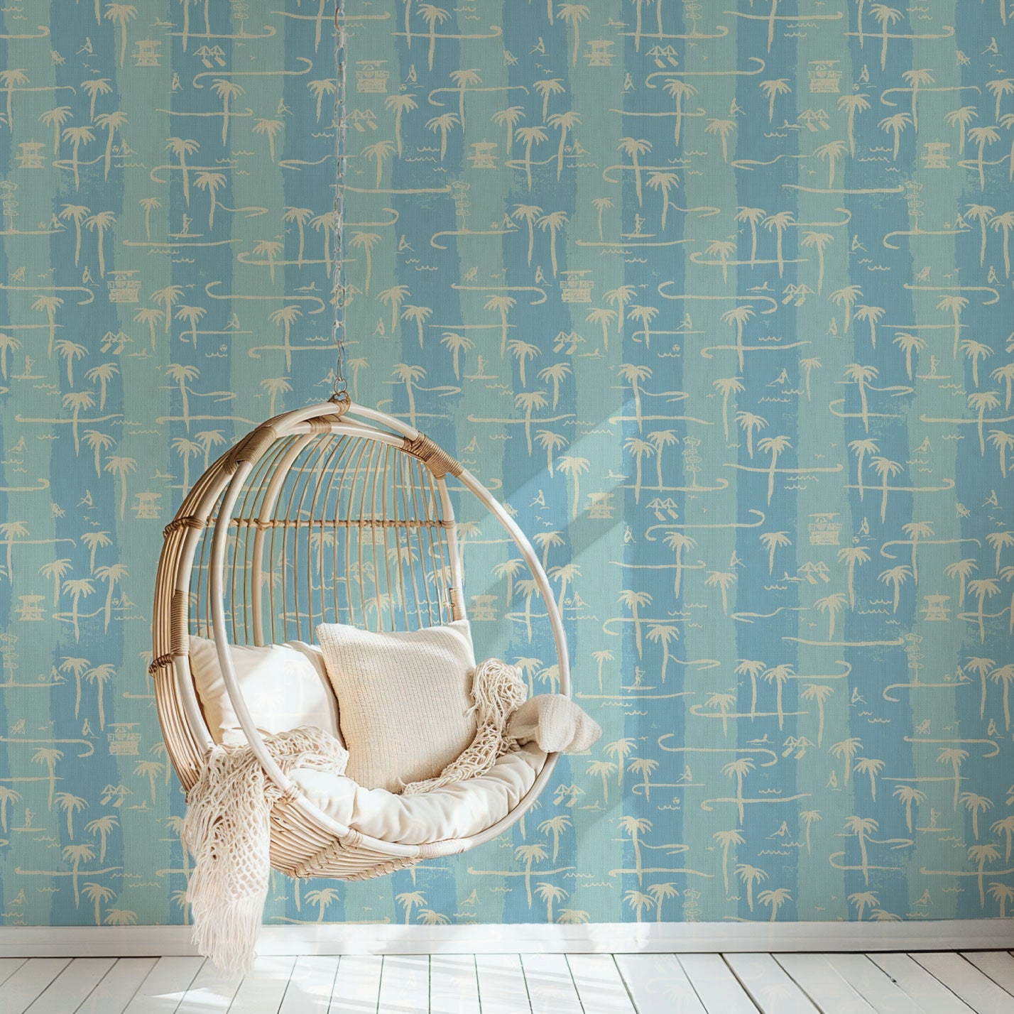 two color vertical stripe beach print featuring palm trees, beachgoers, lifeguard stands and ocean waves Grasscloth Natural Textured Eco-Friendly Non-toxic High-quality  Sustainable practices Sustainability Interior Design Wall covering Bold Wallpaper Custom Tailor-made Retro chic Tropical  Seaside Coastal Seashore Waterfront Vacation home styling Retreat Relaxed beach vibes Beach cottage Shoreline Oceanfront Nautical blue dusty teal sky light paper weave paperweave
