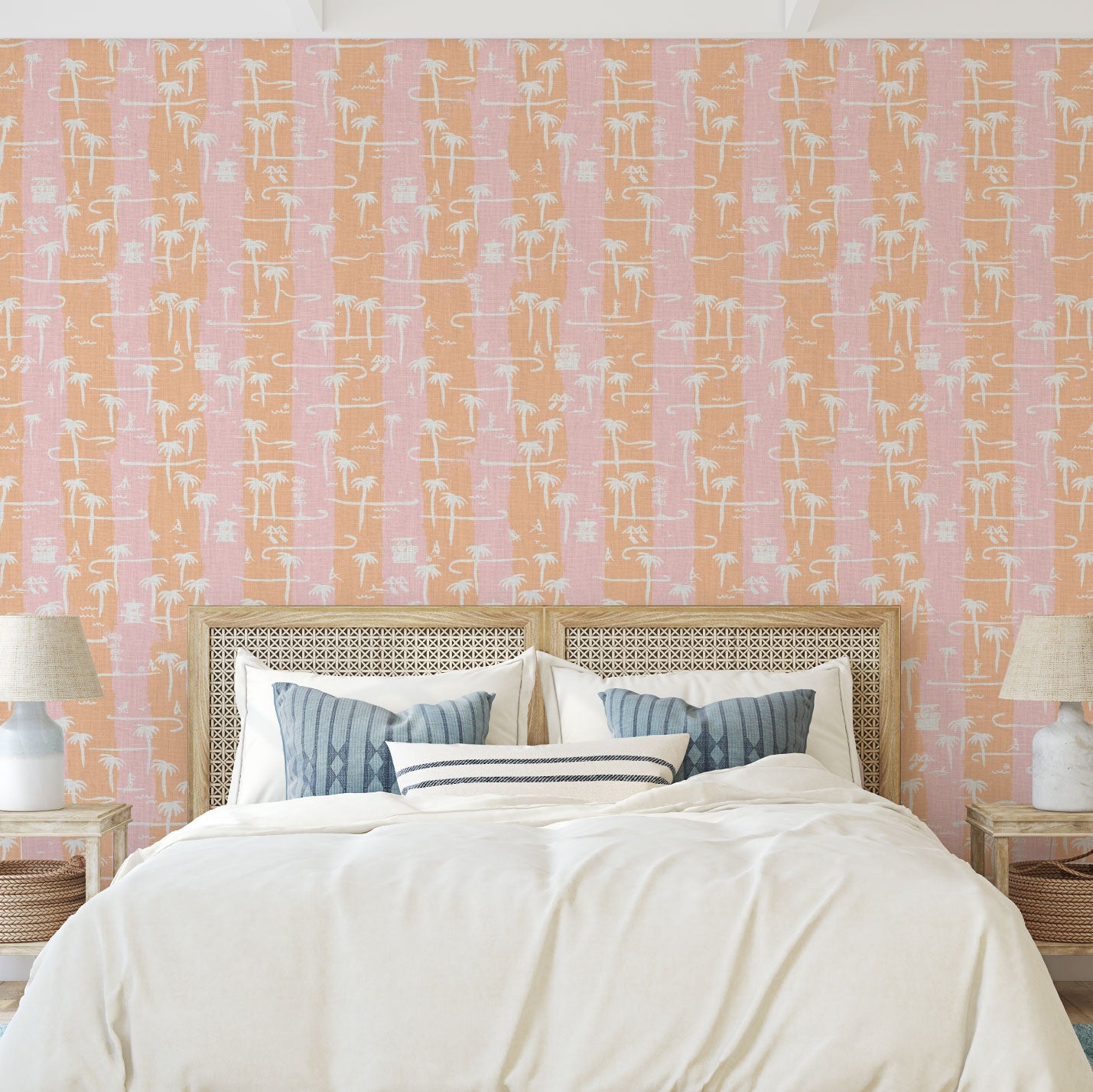 two color vertical stripe beach print featuring palm trees, beachgoers, lifeguard stands and ocean waves linen Natural Textured Eco-Friendly Non-toxic High-quality Sustainable practices Sustainability Interior Design Wall covering Bold Wallpaper Custom Tailor-made Retro chic Tropical Seaside Coastal Seashore Waterfront Vacation home styling Retreat Relaxed beach vibes Beach cottage Shoreline Oceanfront Nautical pink baby orange sunset tangerine corals