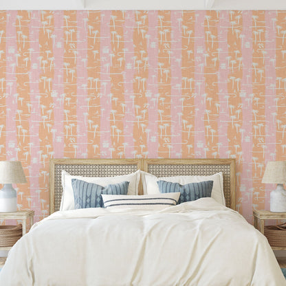 two color vertical stripe beach print featuring palm trees, beachgoers, lifeguard stands and ocean waves linen Natural Textured Eco-Friendly Non-toxic High-quality Sustainable practices Sustainability Interior Design Wall covering Bold Wallpaper Custom Tailor-made Retro chic Tropical Seaside Coastal Seashore Waterfront Vacation home styling Retreat Relaxed beach vibes Beach cottage Shoreline Oceanfront Nautical pink baby orange sunset tangerine corals