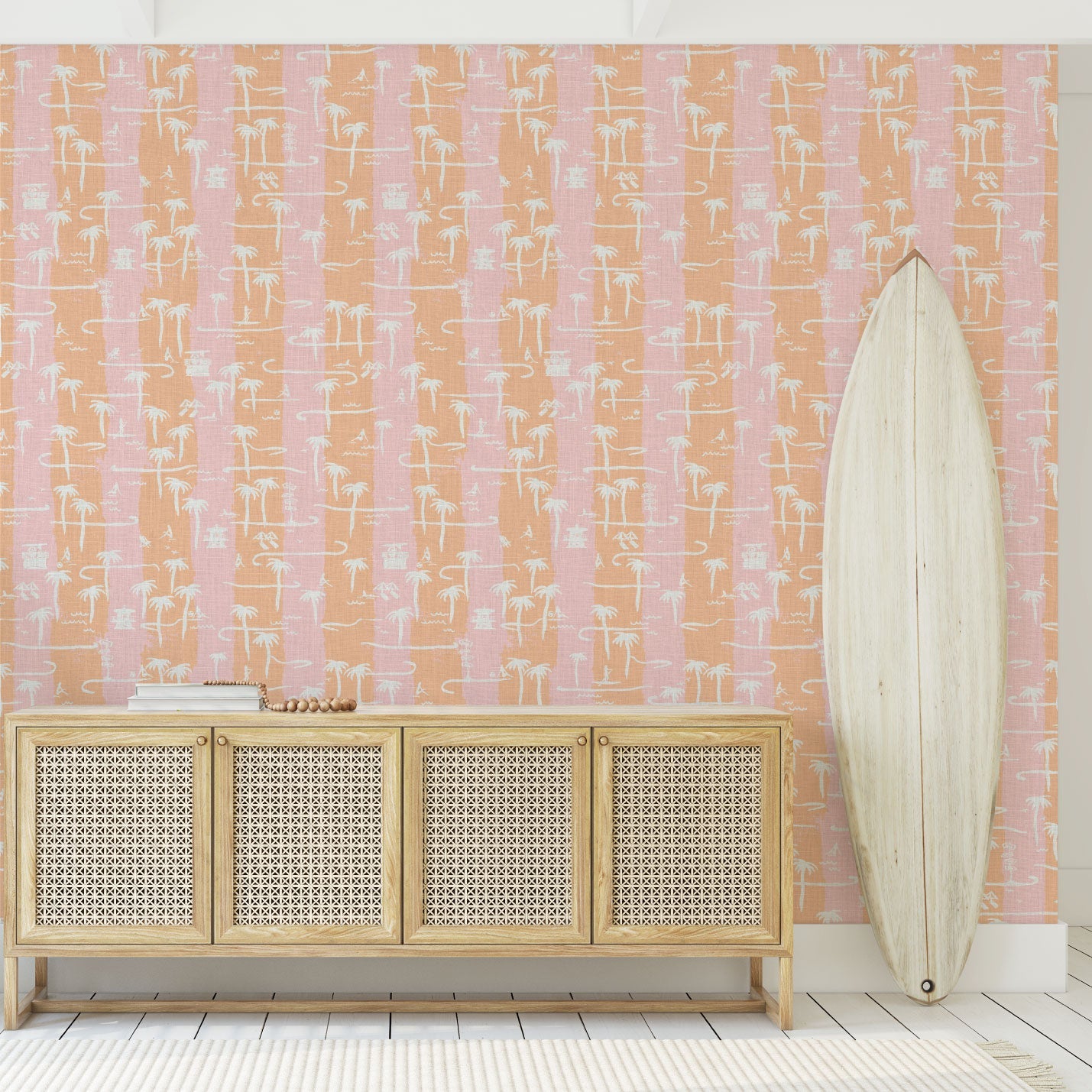 two color vertical stripe beach print featuring palm trees, beachgoers, lifeguard stands and ocean waves linen Natural Textured Eco-Friendly Non-toxic High-quality Sustainable practices Sustainability Interior Design Wall covering Bold Wallpaper Custom Tailor-made Retro chic Tropical Seaside Coastal Seashore Waterfront Vacation home styling Retreat Relaxed beach vibes Beach cottage Shoreline Oceanfront Nautical pink baby orange sunset tangerine corals