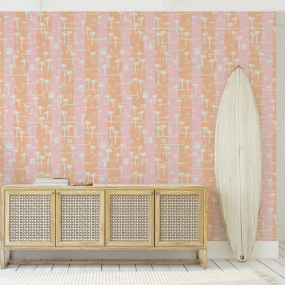 two color vertical stripe beach print featuring palm trees, beachgoers, lifeguard stands and ocean waves linen Natural Textured Eco-Friendly Non-toxic High-quality Sustainable practices Sustainability Interior Design Wall covering Bold Wallpaper Custom Tailor-made Retro chic Tropical Seaside Coastal Seashore Waterfront Vacation home styling Retreat Relaxed beach vibes Beach cottage Shoreline Oceanfront Nautical pink baby orange sunset tangerine corals